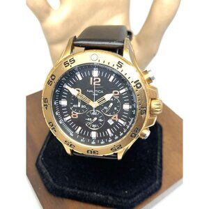 Nautica Men's Watch N18523 Quartz Black Dial Rose Gold Tone Leather Band 48mm